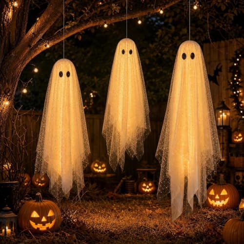 Hanging Ghosts Halloween Decorations with Lights - Set of 3 Indoor Outdoor - Spooky Ghosts for Yard Porch Door