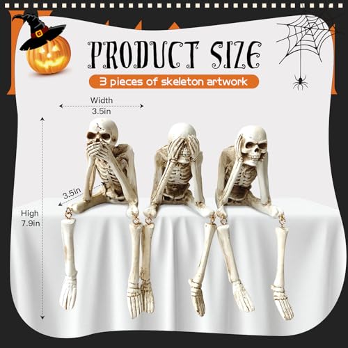 Halloween Skeleton Statues Set of 3 - Resin Gothic Skeleton Decor - See No Evil Hear No Evil Speak No Evil