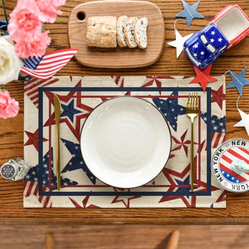Patriotic 4th of July Placemat Set - Stars & Stripes 12x18 Inch Beige, Pack of 4