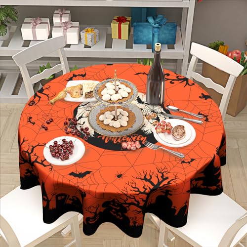 Happy Halloween 60-Inch Round Tablecloth - Pumpkin Spiders Ghosts Washable Polyester