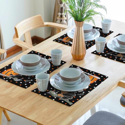 Halloween Placemats Set of 4 - Black Cat Pumpkin Ghost Bat Linen Table Mats - Heat-Resistant & Washable
