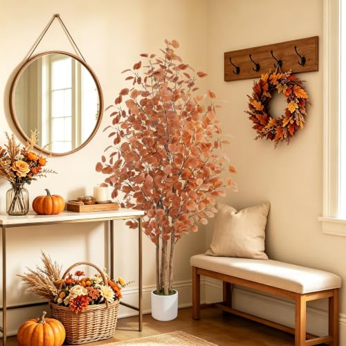 Artificial Eucalyptus Tree 6ft Fall Tree with Brown Trunks and Lifelike Leaves - Floriv