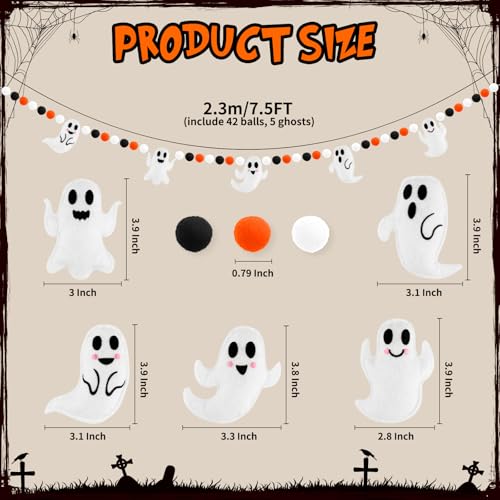 Halloween Felt Pompom Banner 7.5 Ft Pre-Assembled Ghosts & Felt Balls Decor