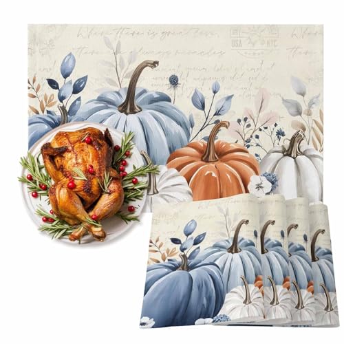 Blue Pumpkin Fall Placemats Set of 4 13x19 Inch Autumn Table Decor Washable