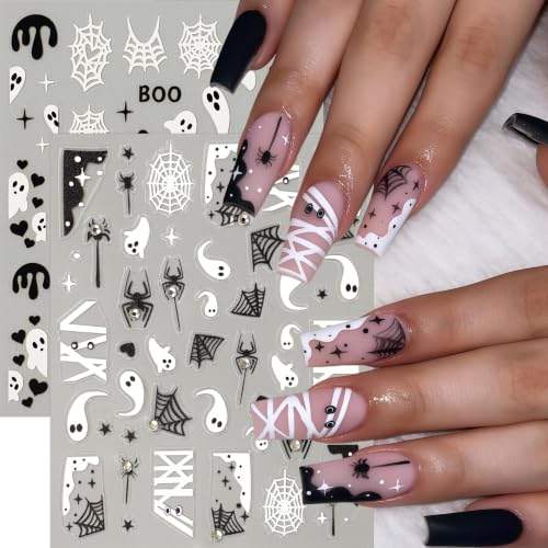 Halloween Nail Stickers 8Pcs Ghost Spider Web 3D Rhinestone Decals for Women DIY Nails - Diamond Spider Ghost Variation