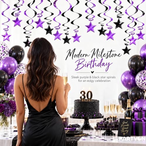 Purple Black Hanging Swirl Decorations - Metallic Foil Streamers, 36 Inch Set