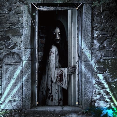 Halloween Window Curtain Cover - Scary Female Ghost Poster, 3 Pieces, Spooky Decor