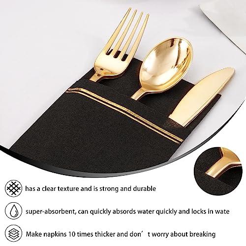 Black Disposable Napkins with Built-in Flatware Pocket - 100 Pack