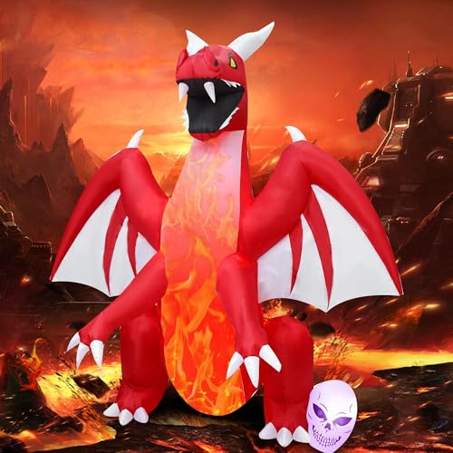 8FT Halloween Inflatable Red Dragon with Flame Lamp - Outdoor Yard Decoration