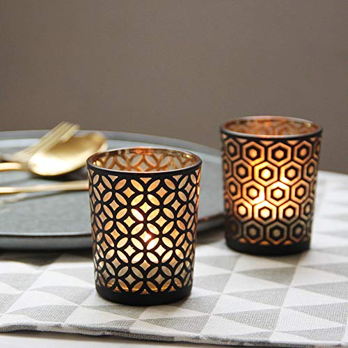 Black Gold Glass Candle Holders Set of 12 with Geometric Patterns - Ramadan Decor
