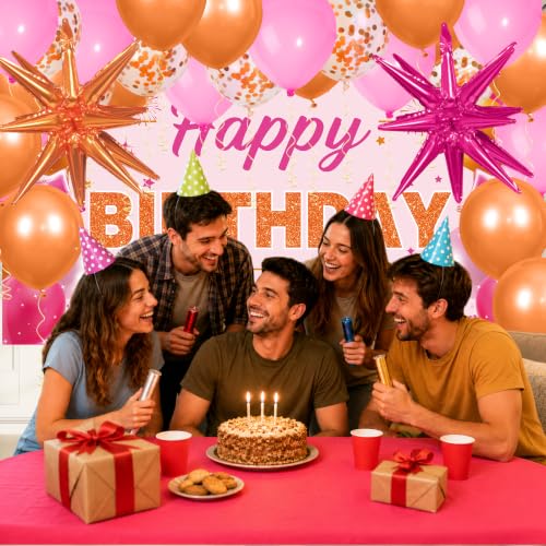 Pink Orange Birthday Decorations Kit with Banner Balloons & Backdrop - Party Supplies