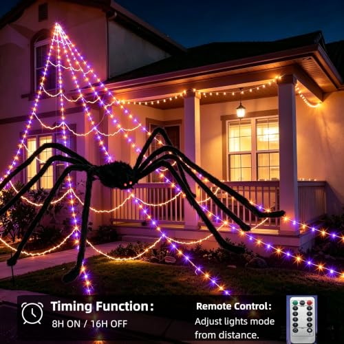 Halloween Spider Web Lights with Spider - Purple LED Light-Up Decor