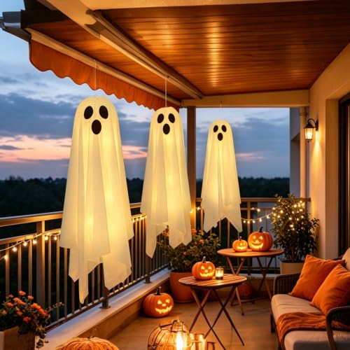 Halloween Ghost Decor Light-Up Hanging Ghosts - 3 Pack, Spooky Outdoor Decor with Fairy Lights