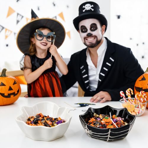 Halloween Ceramic Candy Bowls Set - Ghost and Spider Web Design, 2 Pieces, Black & White