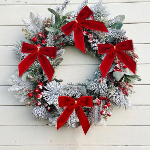 Red Velvet Christmas Tree Ornaments - Pre-Tied Bow Set for Holiday Decorations