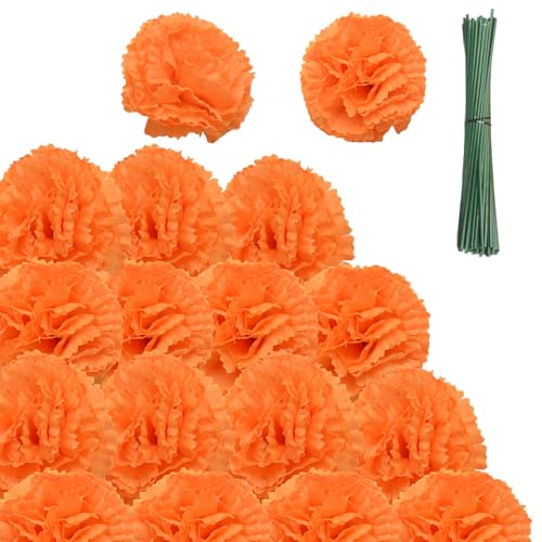Artificial Marigold Flower Heads with Stems and Floral Wire - 60PCS