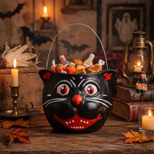 Halloween Black Cat Bucket Vase - Vintage Resin Trick or Treat Basket - Black & White