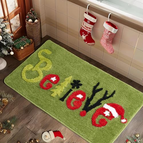 Green Christmas Believe Runner Rug with Snowflakes and Reindeer - Non-Slip Winter Decor, 47x20 inches