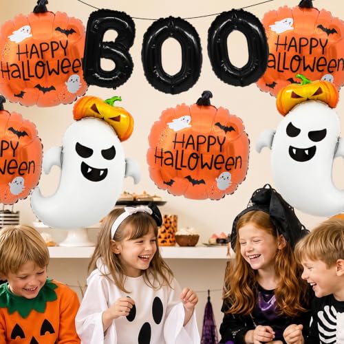 7Pcs Halloween Foil Balloon Set with Ghost Pumpkin Boo Decorations for Party