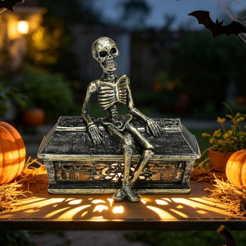Solar Halloween Garden Skeleton Statue with Light Projection - 7.1 Inches