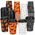 Halloween Paper Cups with Lids 80 Pack 12 oz Coffee Cups - Black Lids & 4 Designs