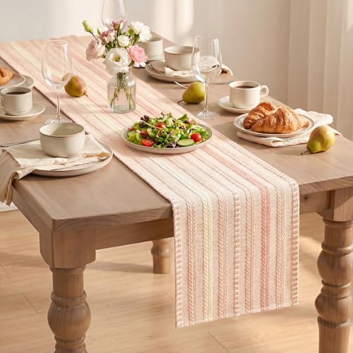 Pink Farmhouse Striped Braided Table Runner 12x120 Inch - Artoid Mode