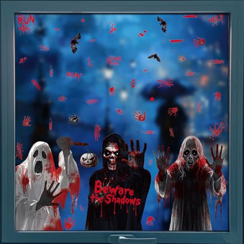 Halloween Window Clings Decorations - Scary Ghost & Blood Stickers - Red-14