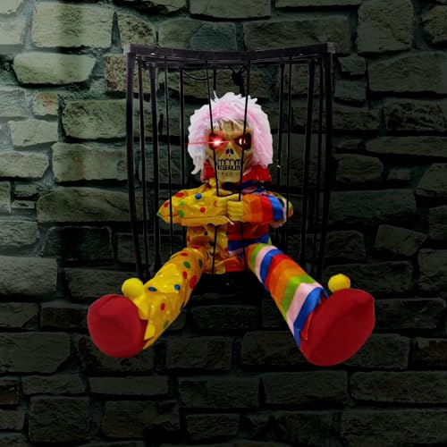 Lighted Evil Clown in Cage Halloween Hanging Decoration with Motion Sensor - Creepy Haunted Horror Prop - Clown Variation