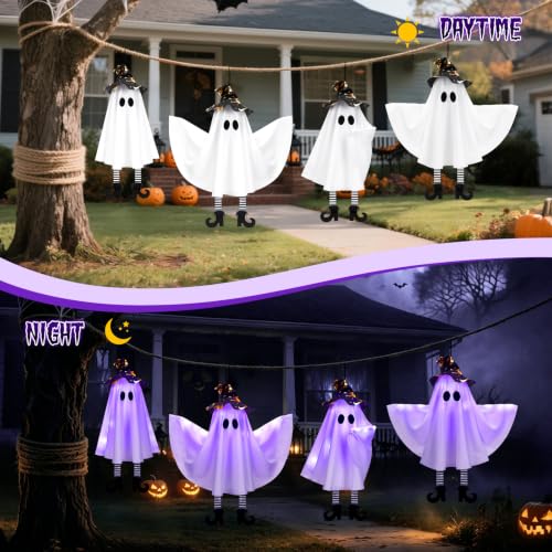 Halloween Ghost Decorations Outdoor Indoor Purple Set with Witch Hat & 3 Light Modes - Hanging Spooky Decor with DIY Arms