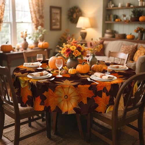 Round Tablecloth 70 Inch Pumpkin Fall Decor with Maple Leaf Pattern - Black Variation