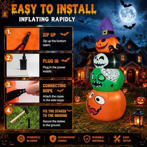 Halloween Stacked Pumpkins Inflatable Yard Decor with Lights - Spooky Outdoor Halloween Decoration