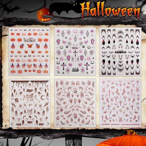 Halloween Nail Art Stickers Set - Bloody Horror Ghost, Spider Web & Pumpkin Designs - 6 Sheets Halloween Variation