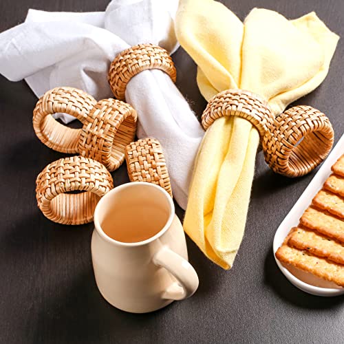 12 Pack Rattan Napkin Rings Set - Natural Elegant Decor for Dining Table - Brown Variation