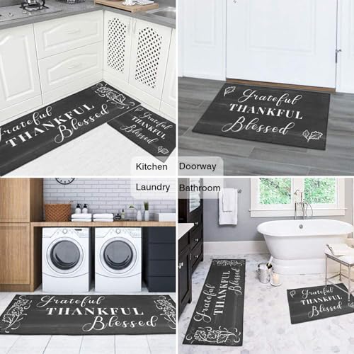 Black Thankful Blessed Kitchen Rugs Set of 2 - 17x47 & 17x30 Inch Cushioned Non-Slip Mat