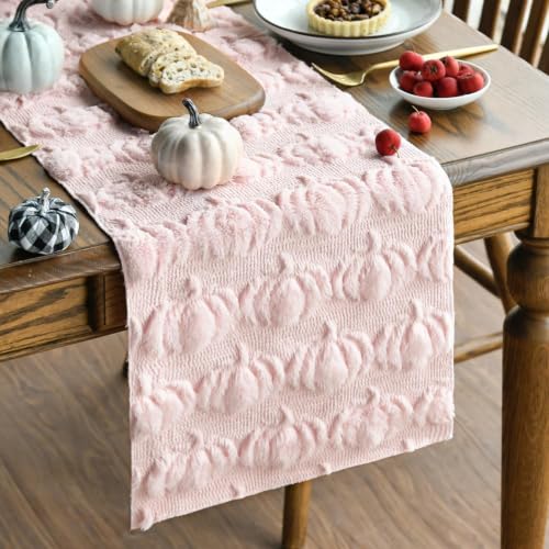 Pink Faux Fur Pumpkins Fall Table Runner 13 x 72 Inch - Artoid Mode