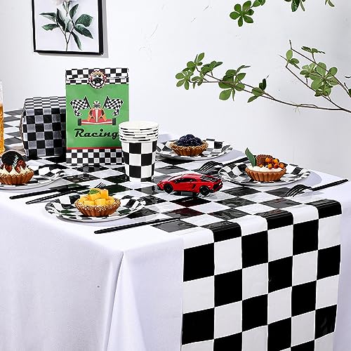 Preboun 3 Pcs Black White Checkered Plastic Table Runner - 14 x 108 Inches - Racing Theme Party Supplies