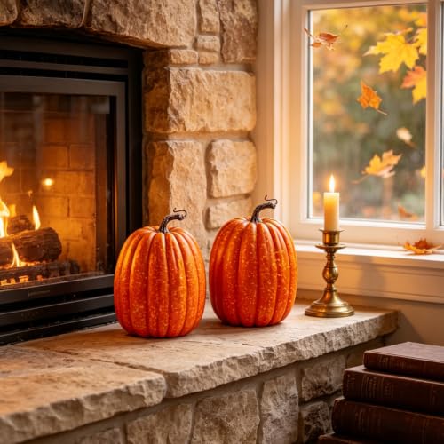 Large Artificial Pumpkin Set - Faux Autumn Decor for Halloween Thanksgiving Christmas