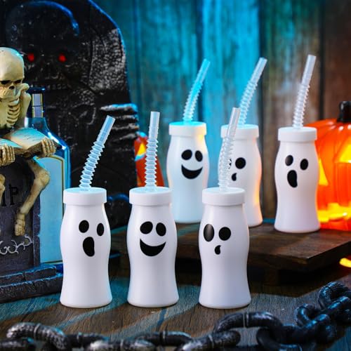12-Pack Halloween Ghost Cups with Lids & Straws, Reusable Plastic, 8 oz