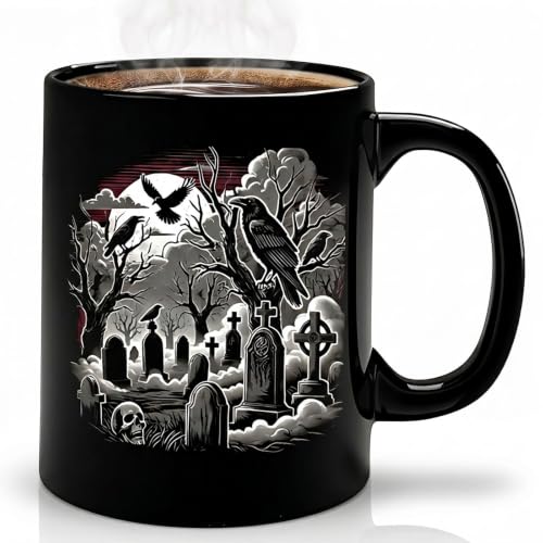 Halloween Color Changing Mug – 11oz Heat Sensitive Raven & Cemetery Coffee Cup