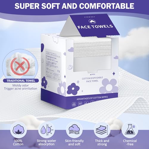 Disposable Face Towels 50 Count - Soft Cotton Makeup Remover Wipes for Skin & Cleansing