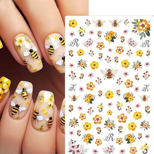 6 Sheets Sunflower & Floral Nail Stickers Self-Adhesive 3D Nail Art Decals