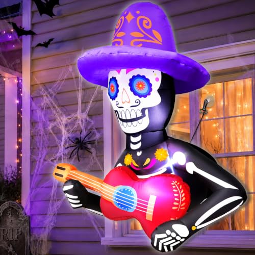 3.5 Ft Day of The Dead Inflatable Skeleton Decor with LEDs for Halloween & Dia De Los Muertos