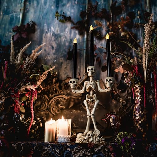 White Skeleton Candelabra with Black LED Candles Set - Gothic Halloween Decor