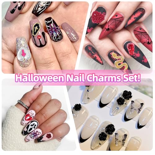 120 Pcs Halloween Nail Charms Set - 3D Resin Ghost Bat Spiders Coffins Decorations