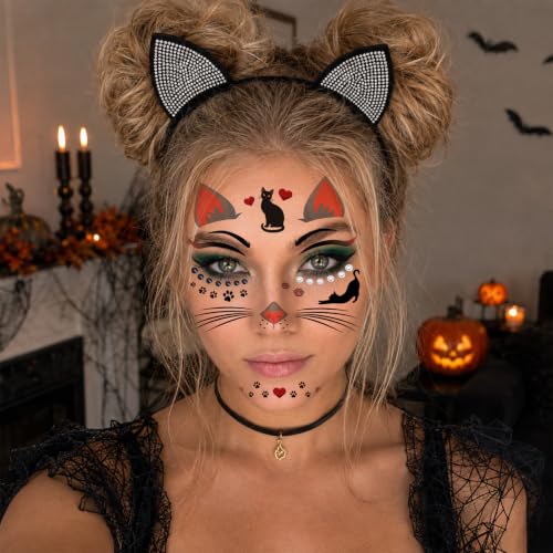Cat Face Tattoos for Women & Girls - 6 Sheets with Paw Ears & Whiskers - Variation: Cat