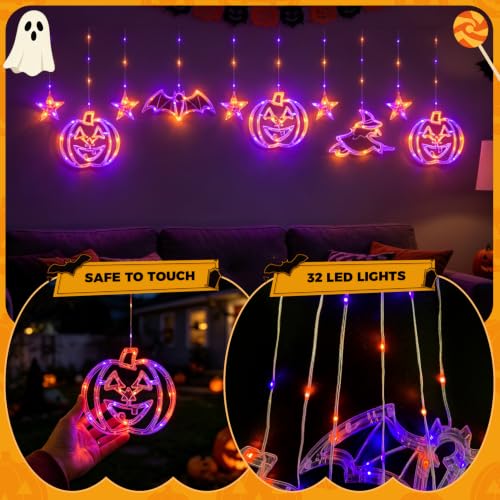 BeePeep Halloween Window Lights Decorations - Orange & Purple Curtain LED Set - 8.5FT with Remote & Timer