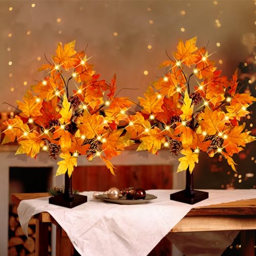 2 Pieces 24 Inch Artificial Fall Tree with LED Lights Battery & USB Operated - Thanksgiving Autumn Decor - Variation 2