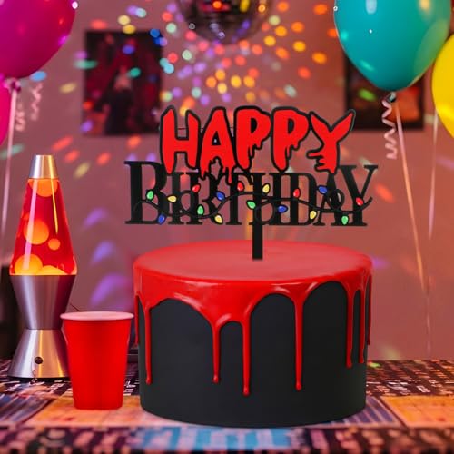 Horror Birthday Cake Topper Acrylic Black & Red Spooky Light Bulb Pattern