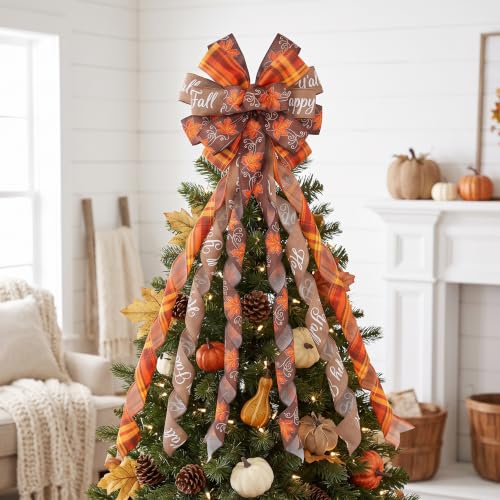 Large Fall Tree Topper Bow 52x13 Inches Pre-Tied Thanksgiving Ribbon for Wreath