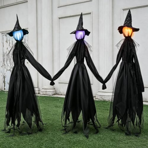 Halloween Witch Yard Decorations with Multicolor Light-Up Heads - Set of 3